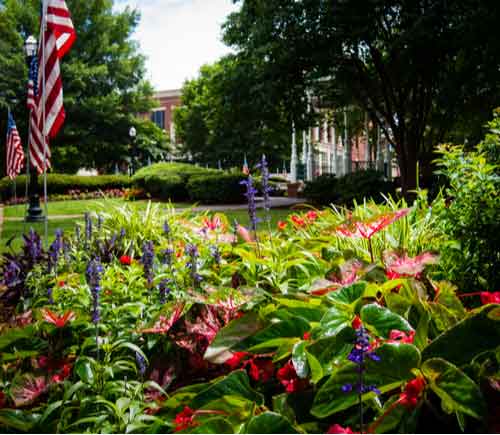 Flower bed and pavillon at Marietta Square in Marietta, Georgia