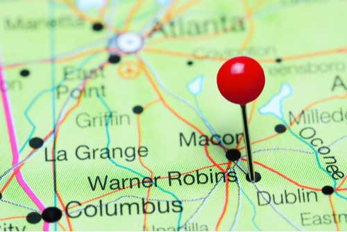 Warner Robins pinned on map of Georgia, USA